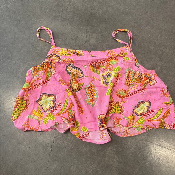 Vintage Y2K Aerie AE Pink Floral Metallic Gold Cami Crop Tank Top Tropical M - Picture 2 of 5